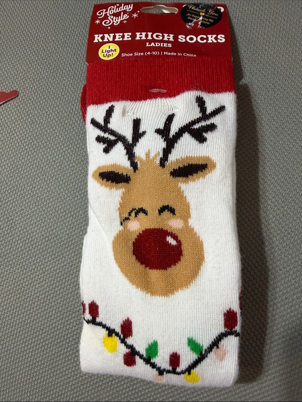 Holiday Style Ladies Light up Knee High Socks - White & Red Reindeer-NWT